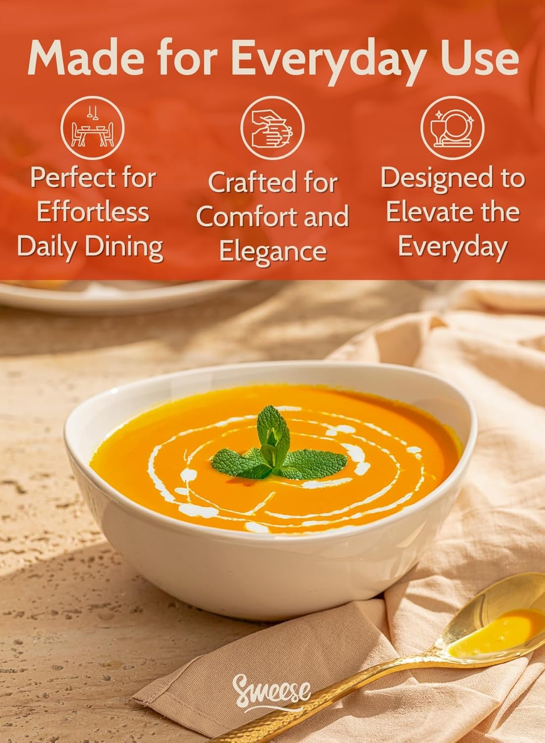 Sweese 7 Inch Porcelain 28 oz Bowls Set of 6, for Soup | Cereal | Pasta | Salad | Ramen | - Microwave, Dishwasher, and Oven Safe - White