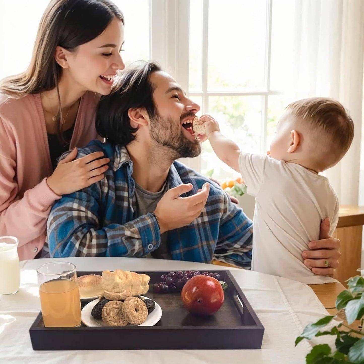 Large Bamboo Wooden Tray with Handles, Rectangular Natural Solid Wood, Black Walnut Color Serving Tray Suitable for Kitchen,Bedroom,Coffee, Party Bars. (14.9x10.2x1.57 inches)