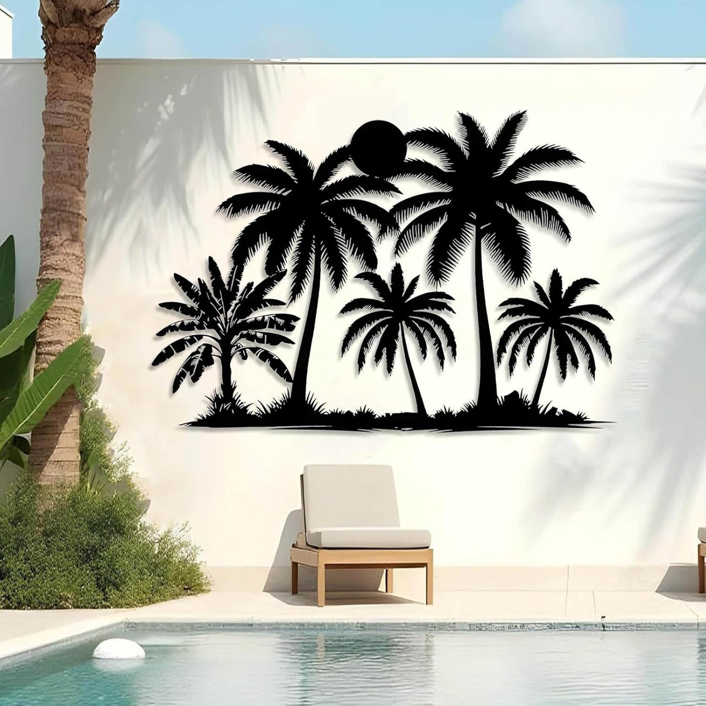 Tuglona Metal Palm Tree with Sunset Wall Decor, Tropical Palm Tree Metal Wall Art, Tropical Wall Decor, Sun Wall Art, Beach Wall Decoration, Coastal Trees Wall Hanging (Silver, 30"x21"/76x53cm)