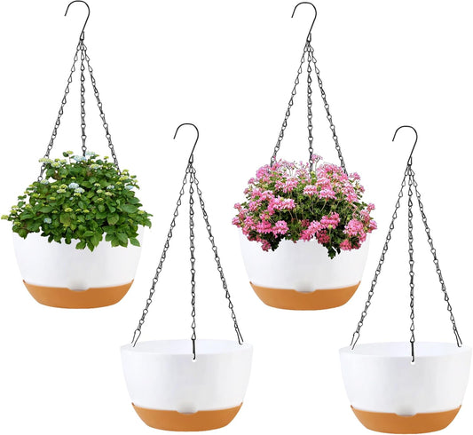4 Pack Plastic Hanging planters for Indoor Plants,8 Inch Plant Pot Indoor Outdoor Hanging Baskets,Hanging Flower Pots with Drainage Holes and Chain for Garden Porch Plants(White)