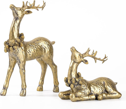 DN DECONATION 2pcs Gold Christmas Reindeer Statue, Christmas Clearance Small Resin Reindeer Figurine Indoor, Tabletop Reindeer Christmas Decor, Deer Figurine Decorations for Home