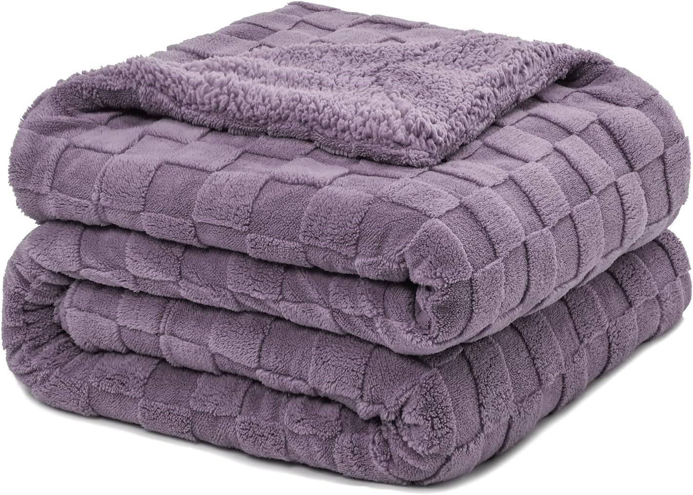 Pawque Super Soft Cozy Throw Blanket for Couch Sofa Bed - Fluffy Sherpa Fleece Reversible Thick Warm Fuzzy Blanket for All-Season, 3D Checkered Jacquard Elegant Decorative Blankets, Purple, 50" x 60"