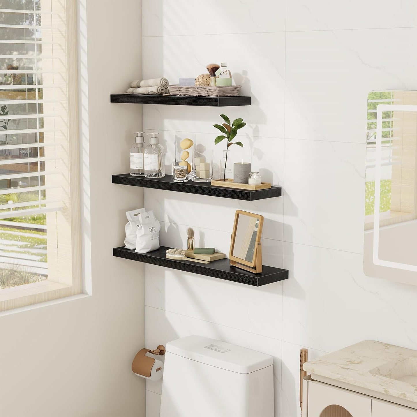 Fun Memories 32 Inch Floating Shelves Wall Shelf Set of 3, Black Bathroom Shelves 32 Inch, Farmhouse Home Decor Living Room, Kitchen Black Shelves for Wall, 32 x 6.7 x 1.4 Inch