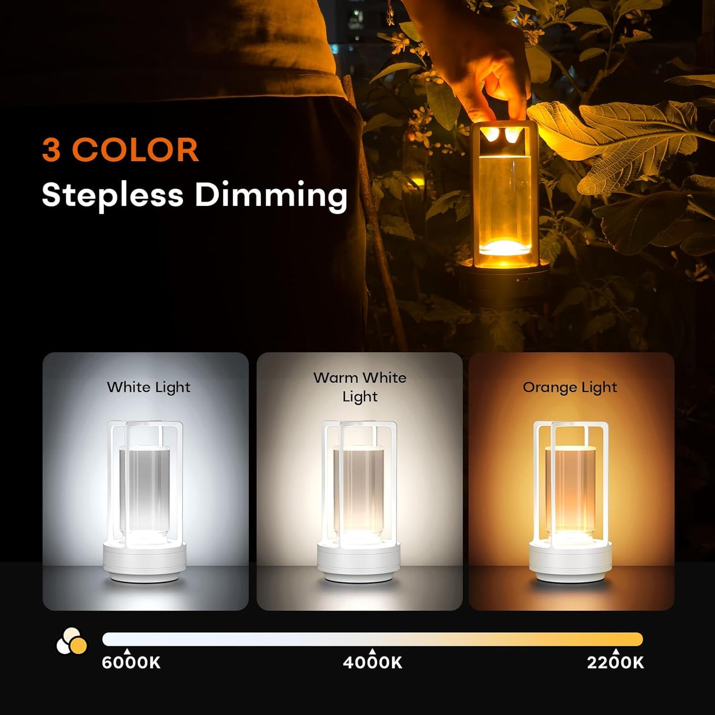 Portable Metal Table Lamp for Indoor/Outdoor ,Rechargeable Cordless LED Lamp, 3-Colour Infinitely Dimming Battery Powered Small Desk Lamp, Restaurant/Bedroom/Bar/Coffee Shop/Camping Light (White)