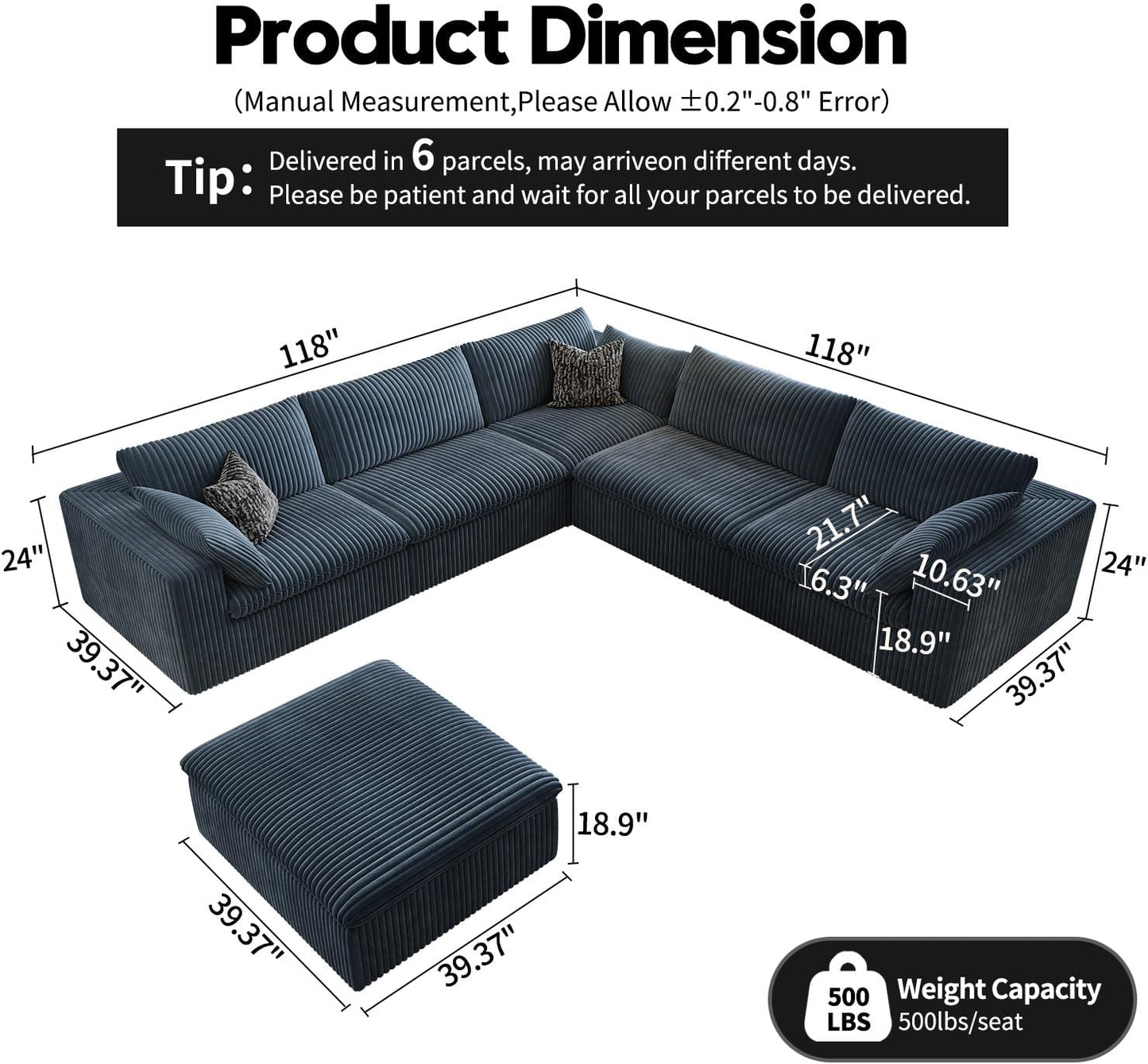 118" Cloud Couch Oversized Modular Sectional Sofa for Living Room,Modern Sofa with Deep Seat，6 Seater Boneless Couch,Comfy Upholstered Corduroy Couches for Apartment, Studio, Office,Bedroom，Blue