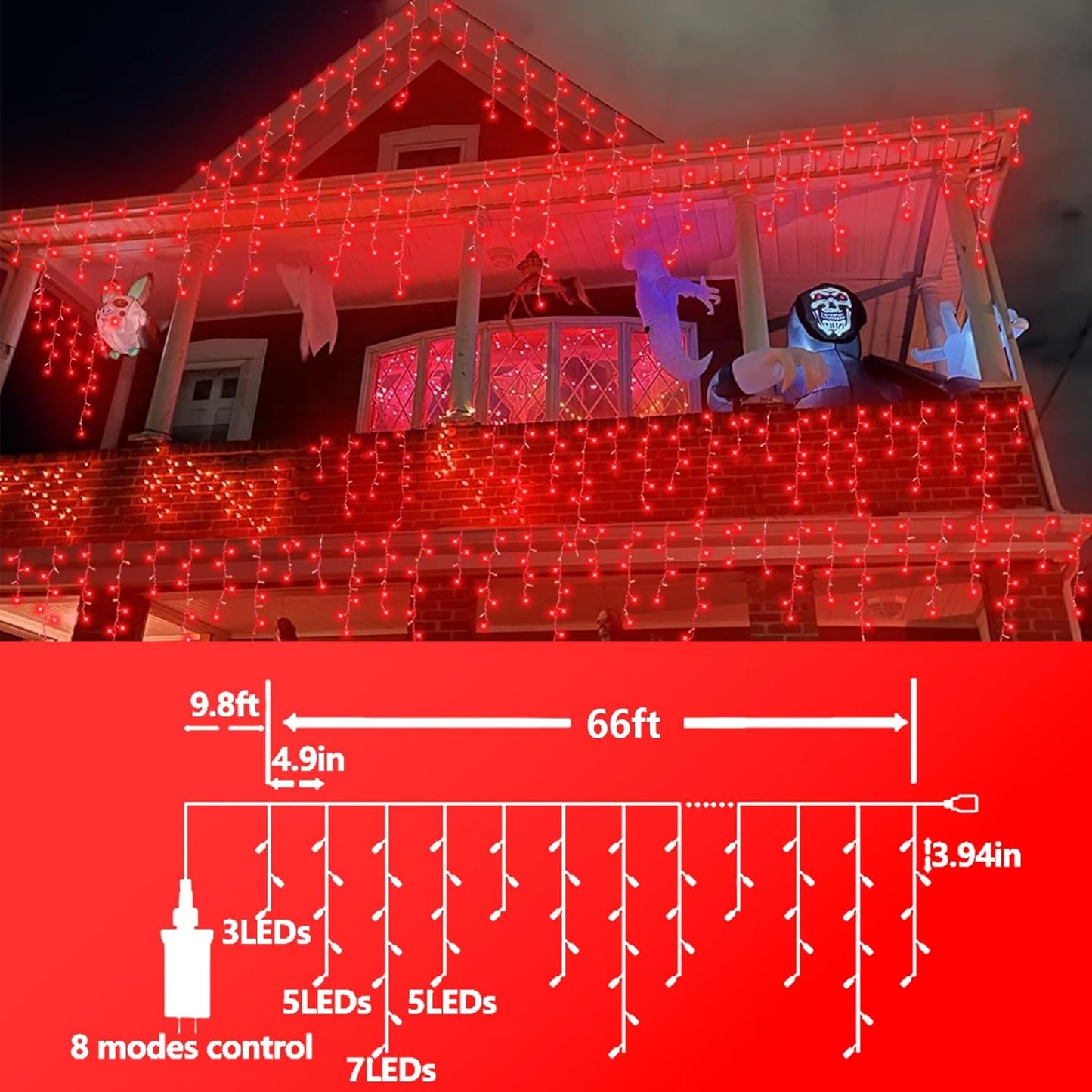 QITONG Red Halloween Lights for Outside, 66ft 800 LED Icicle Light with 8 Modes, 160 Drops Clear Wire Connectable Christmas Lights Indoor Plug in