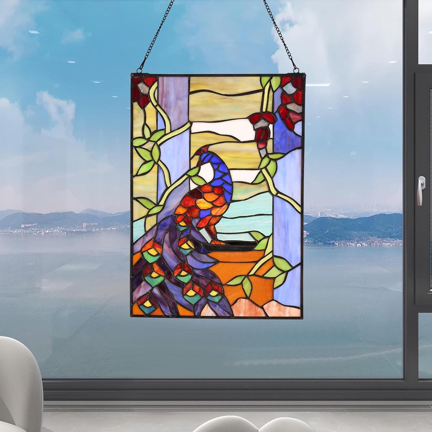 YOURANJU Stained Glass Window Hanging 16" H x 11" W Tiffany Style Rectangular Window Panel Suitable for Living Room Bedroom Kitchen Window Decoration Hangings with Chain (Peacock)