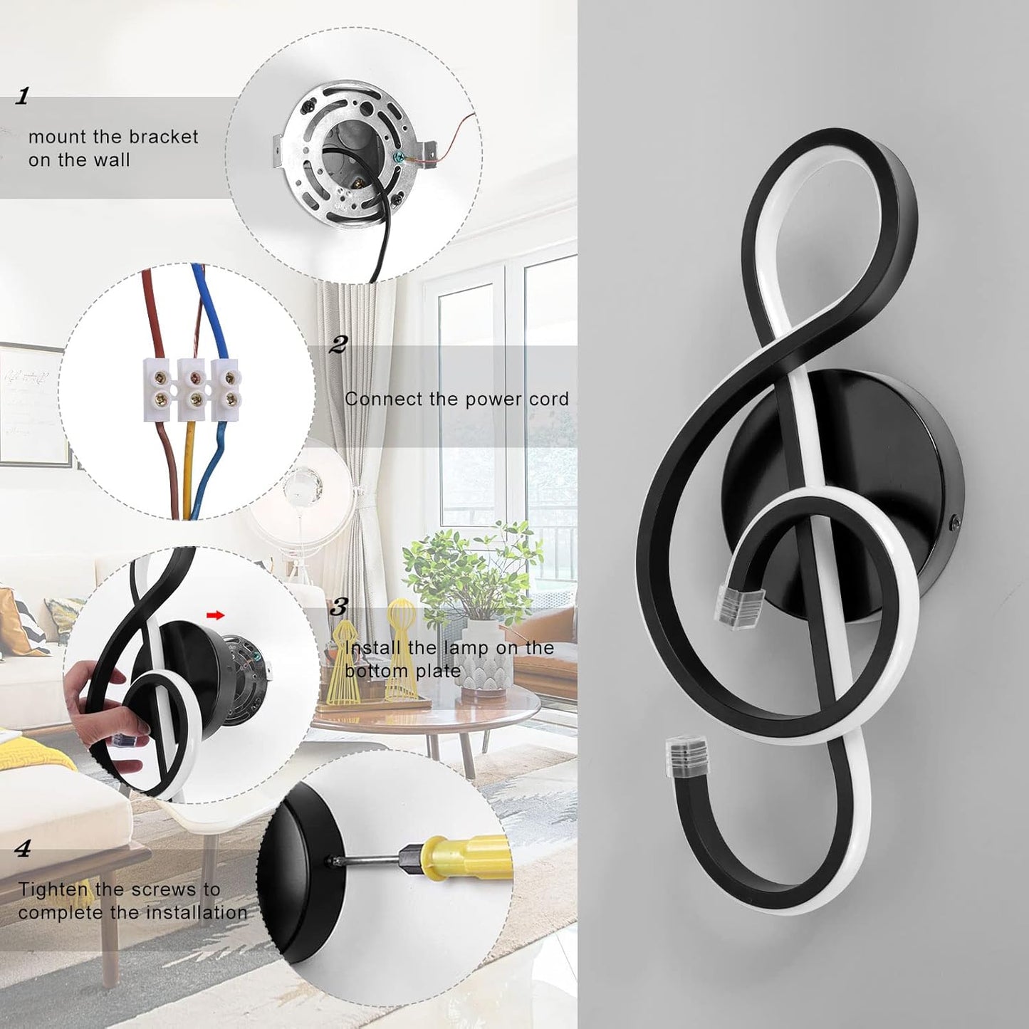 XEYOU 22W Modern Wall Sconce Lighting Indoor LED Creative Wall Light Fixture Music Symbol Art Decoration Wall Lamp for Living Room Bedroom Stair Corridor (Black 6000Kelvin)