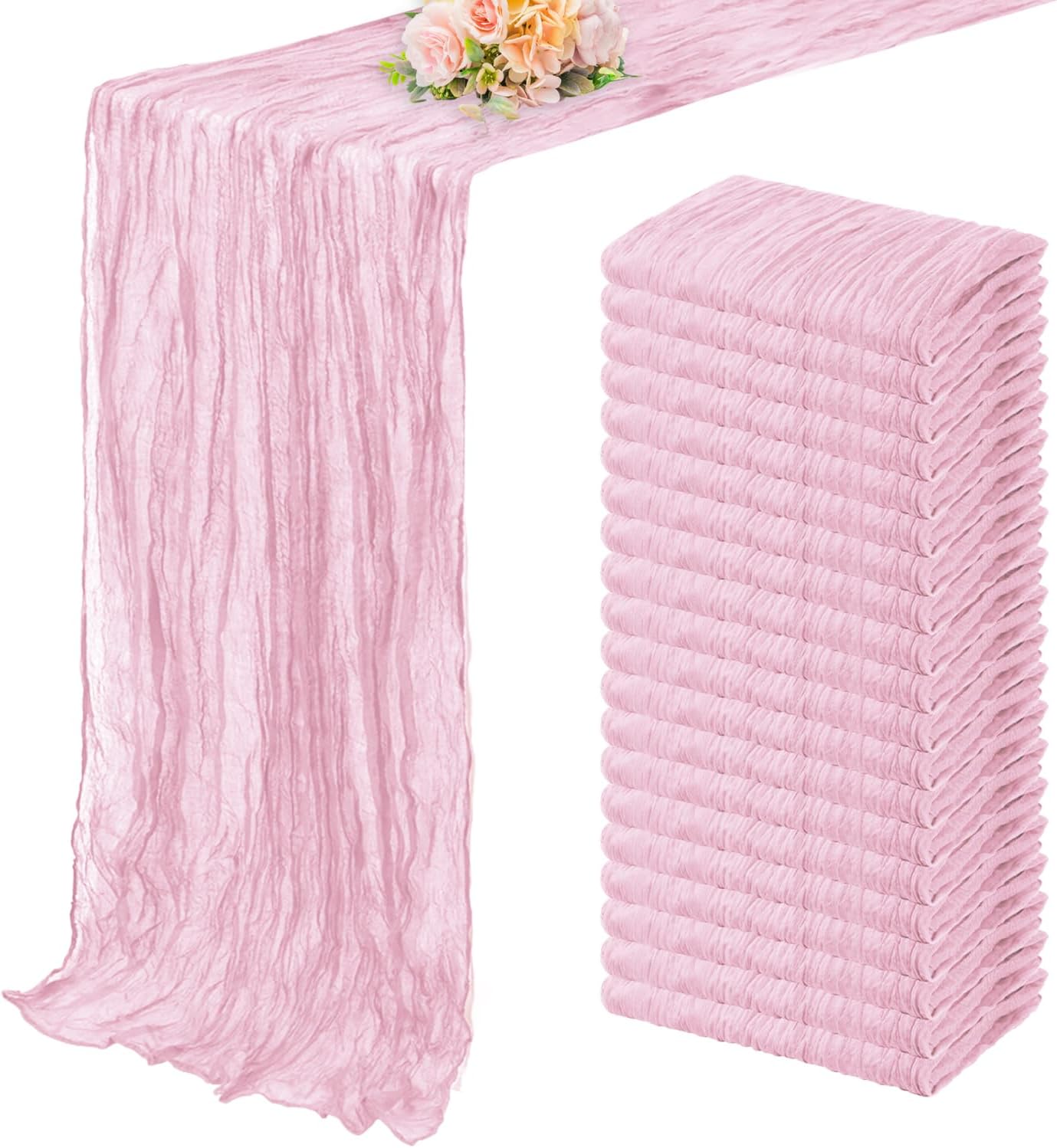 Light Pink Cheesecloth Table Runner 20 Pack 10FT Rustic Gauze Fabric Cheese Cloth Table Runner for Wedding 20 x 120 Inch Long Bridal Baby Shower Table Decorations Boho Sheer Birthday Party Table Decor