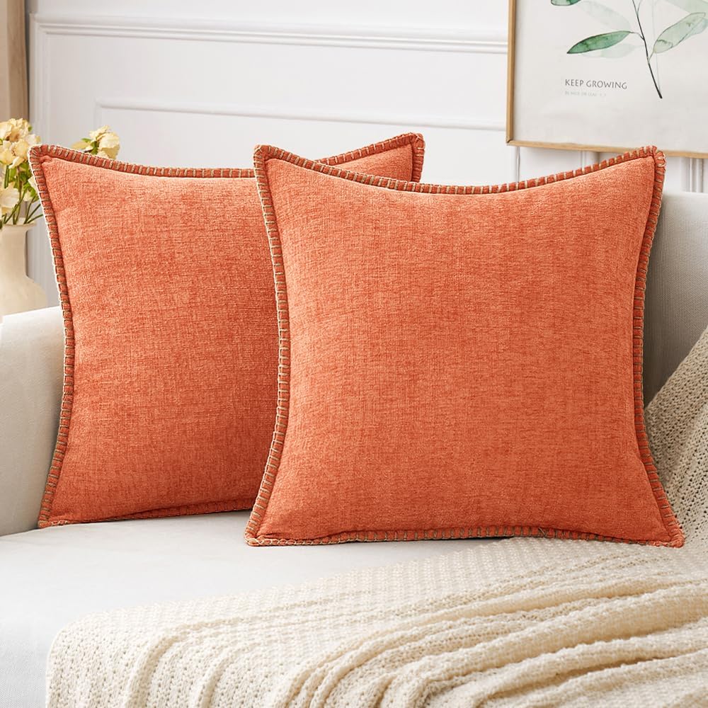 MIULEE Pack of 2 Couch Throw Pillow Covers 18x18 Inch Coral Red Farmhouse Decorative Pillow Covers with Stitched Edge Soft Chenille Solid Dyed Pillow Covers for Sofa Bed Living Room