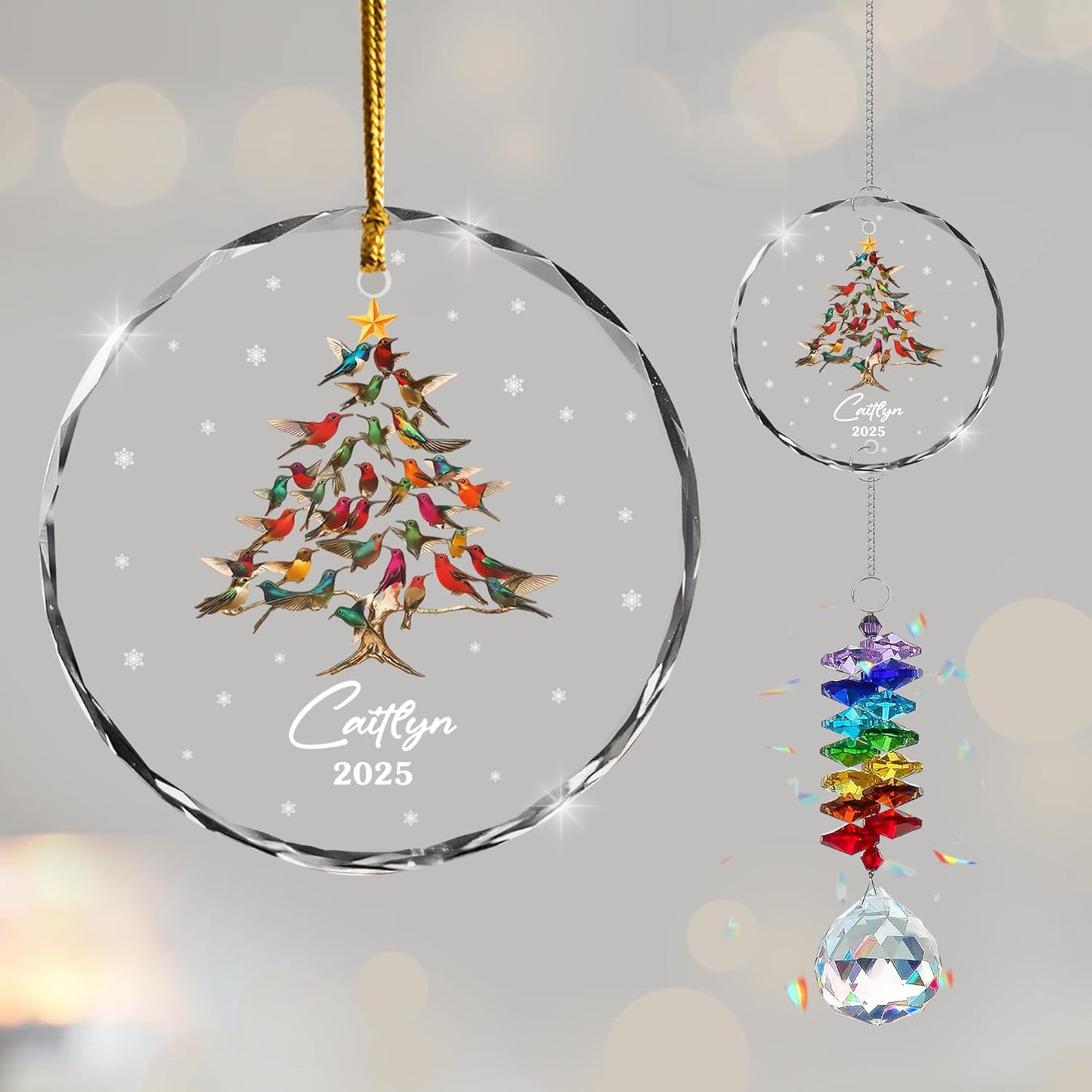 Personalized Christmas Ornament – Custom Holiday Tree Design with Birds – Custom Name 2025 – Glass Christmas Tree Ornament with Suncatcher