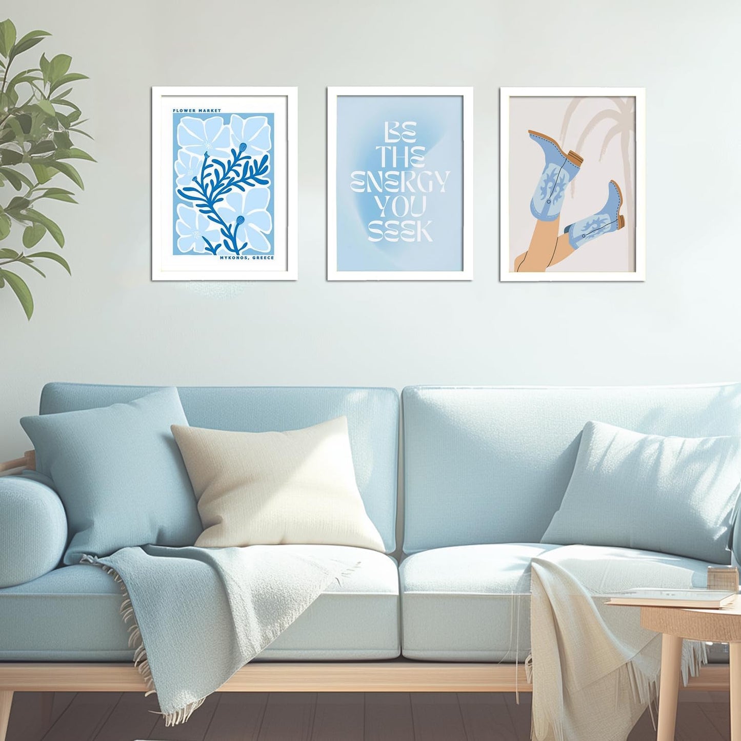 Blue Preppy Canvas Wall Art Posters Set of 3 Trendy Cowgirl Boots Home Decor Flower Market Painting Prints Coastal Aesthetic Picture for Girls Bedroom Bathroom Living Room Dorm 16x24Inch Unframed