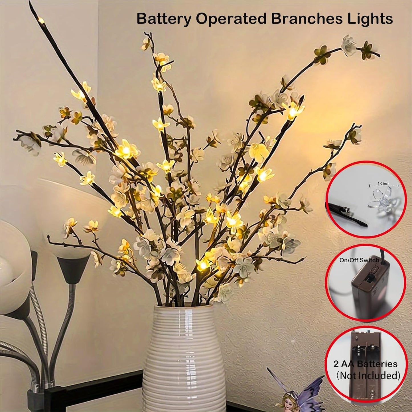 Battery Lighted Branches for Vase, 3 Pack 60 LED Fairy Artificial Cherry Blossom Flower Twig Stick Lights for Valentines Holiday Decor, Indoor Bonsai Tree Christmas Decorations (Warm White)