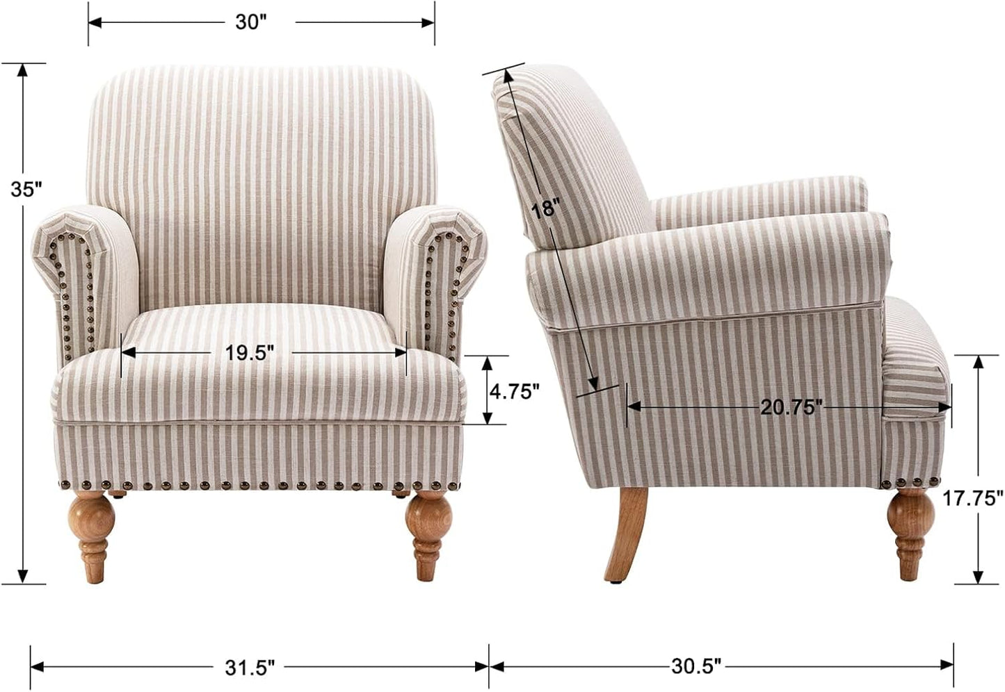 chairus Linen Accent Chair for Living Room Upholstered Mid Century Modern Single Sofa Chair with Solid Wood Legs Comfy Reading Chair Armchair for Bedroom/Office Room/Recption/Lounge, Khaki Stripe