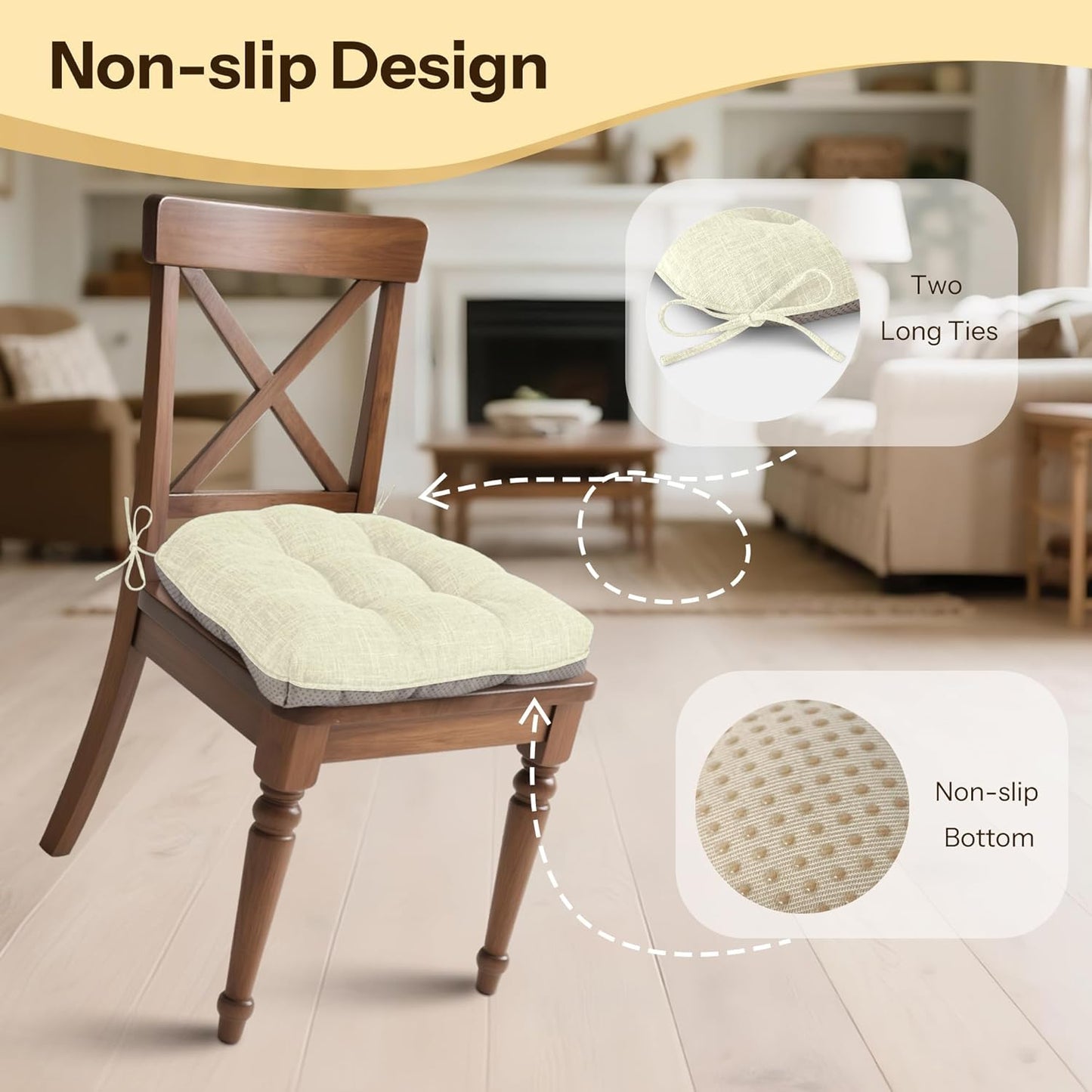 Non Slip Chair Cushions for Dining Chairs Set of 4 Kitchen Chair Cushions 18"x18"x3" Turfted Chair Pads Comfortable and Soft Seat Cushion with Ties, Beige