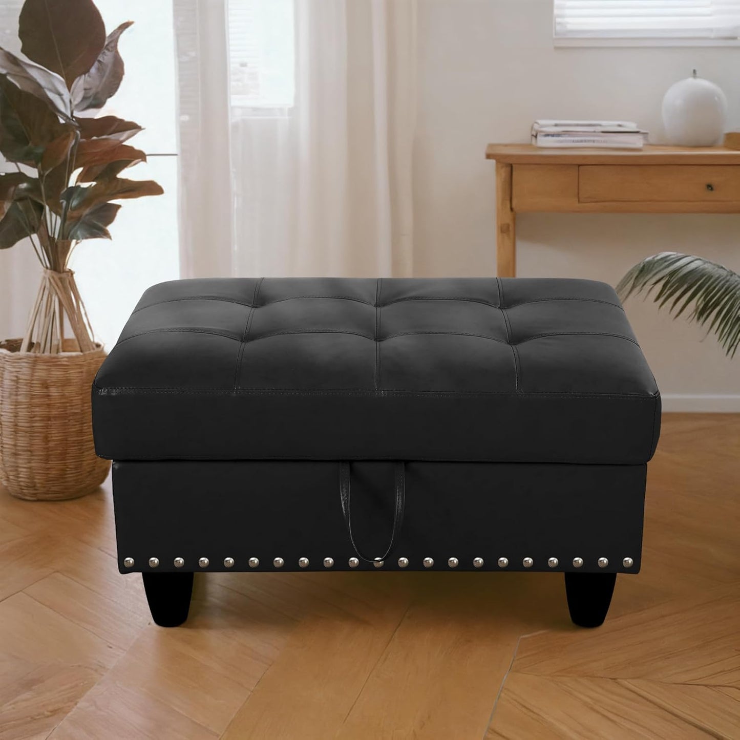 Ottoman Rectangular Storage Ottoman Bench, Faux Leather Footrest, Coffee Table, Stool Footstool with Hinged Lid for Living Room, Bedroom, Entryway, Black, 28.5"x19"x17.5"