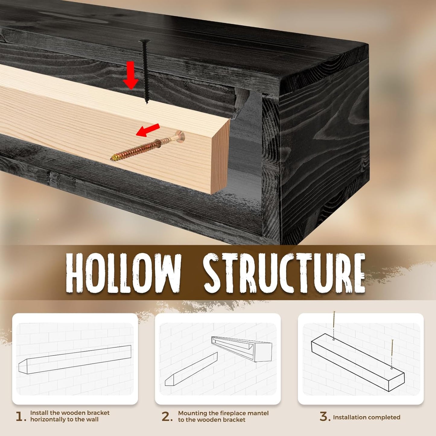 60x8x5 Fireplace Mantel - Handcrafted Hollow Rustic Solid Wood Wall Mounted Floating Shelf with Invisible Heavy Duty Wood Bracket (Weathered Black)