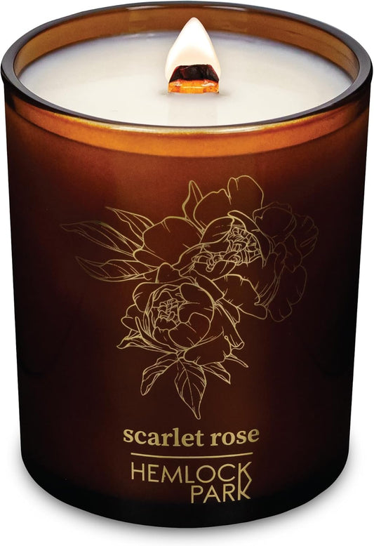 Hemlock Park Wood Wick Candle Handcrafted with Natural Coconut Wax and Essential Oils (Amber & Gold 7.2 oz, Scarlet Rose)