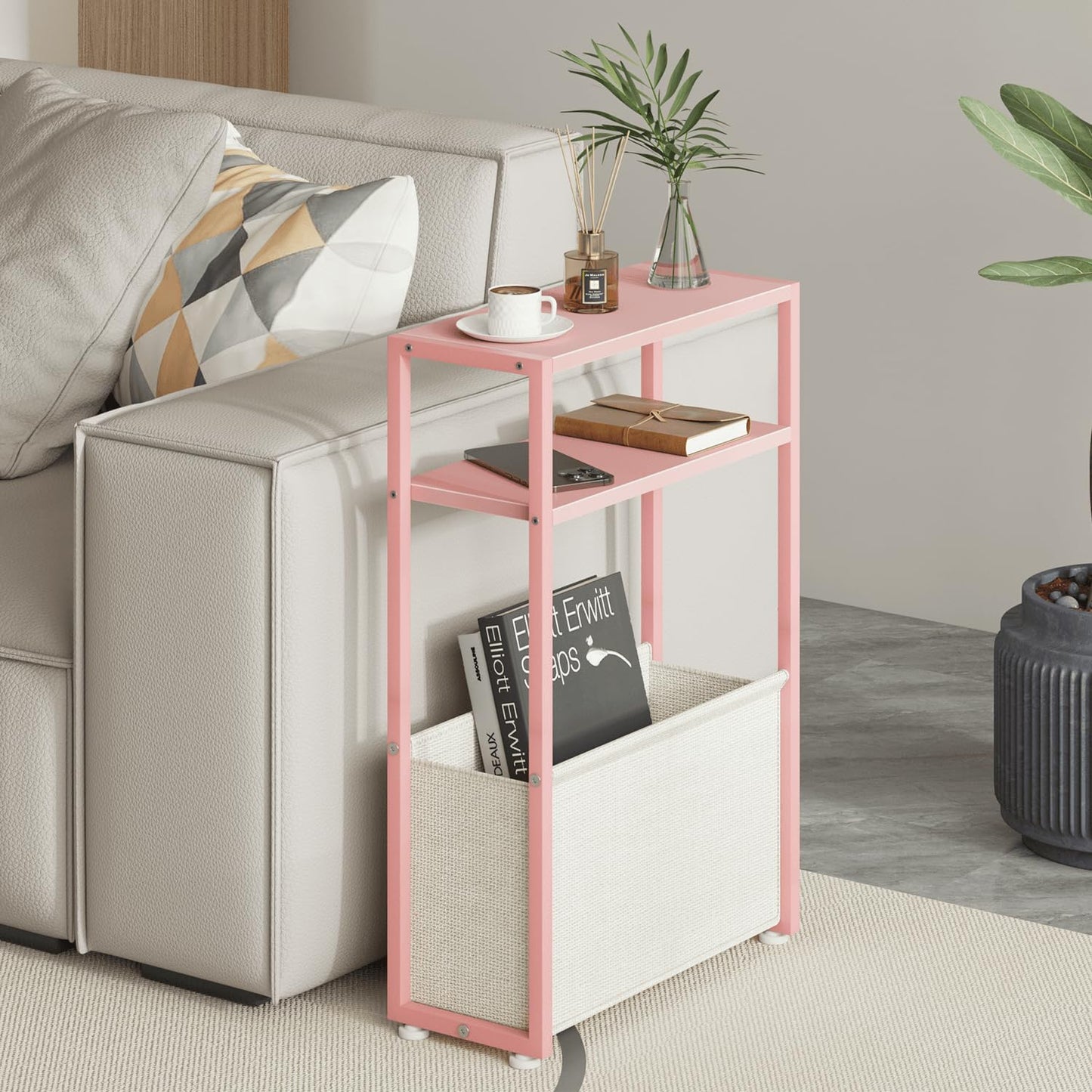 Narrow Side Table, Slim End Tables with Fabric Basket, Skinny Table for Small Spaces, Thin Bedside Table for Living Room, Bedroom (1, Jelly Pink + Cream White)