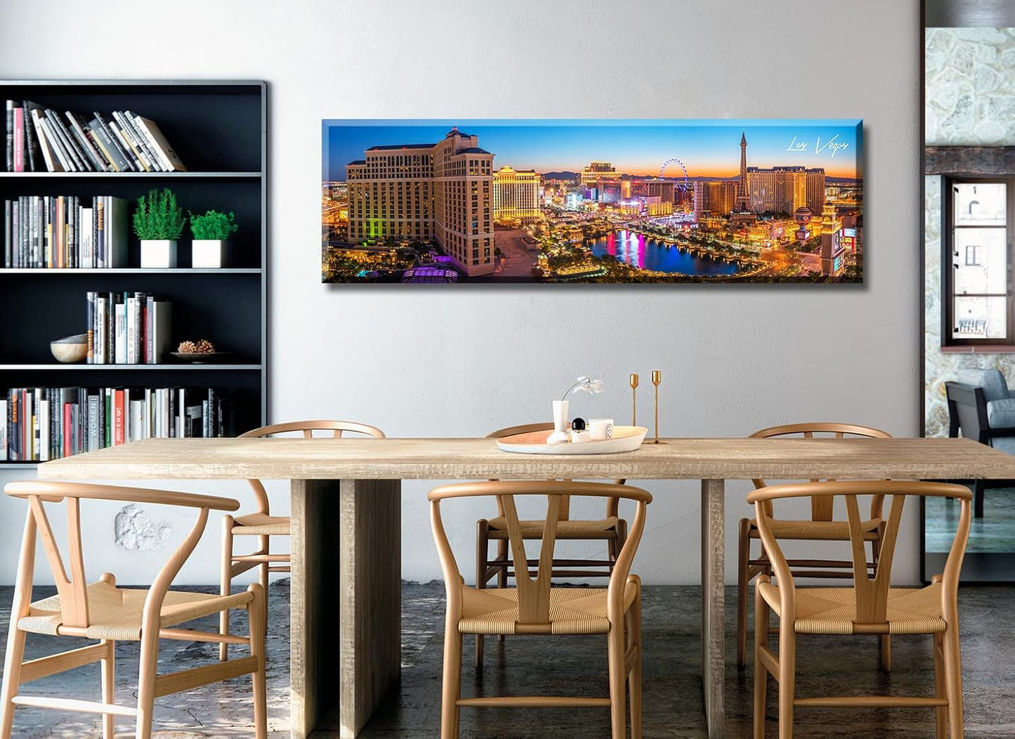 Las Vegas Skyline Wall Art Cityscape Canvas Prints City Modern Building Posters Bellagio Fountain Skyscraper Night View Panoramic Pictures for Home Office Living Room Decor Framed 13.8"x45.3"