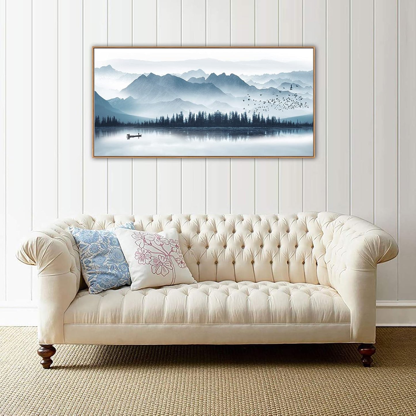 Indigo Framed Canvas Wall Art Misty Mountain Wall Pictures Foggy Lake Boat Canvas Painting Prints Forest Birds Canvas Wall Decor for Living Room Bedroom Decorations Natural Framed 24" x 48"