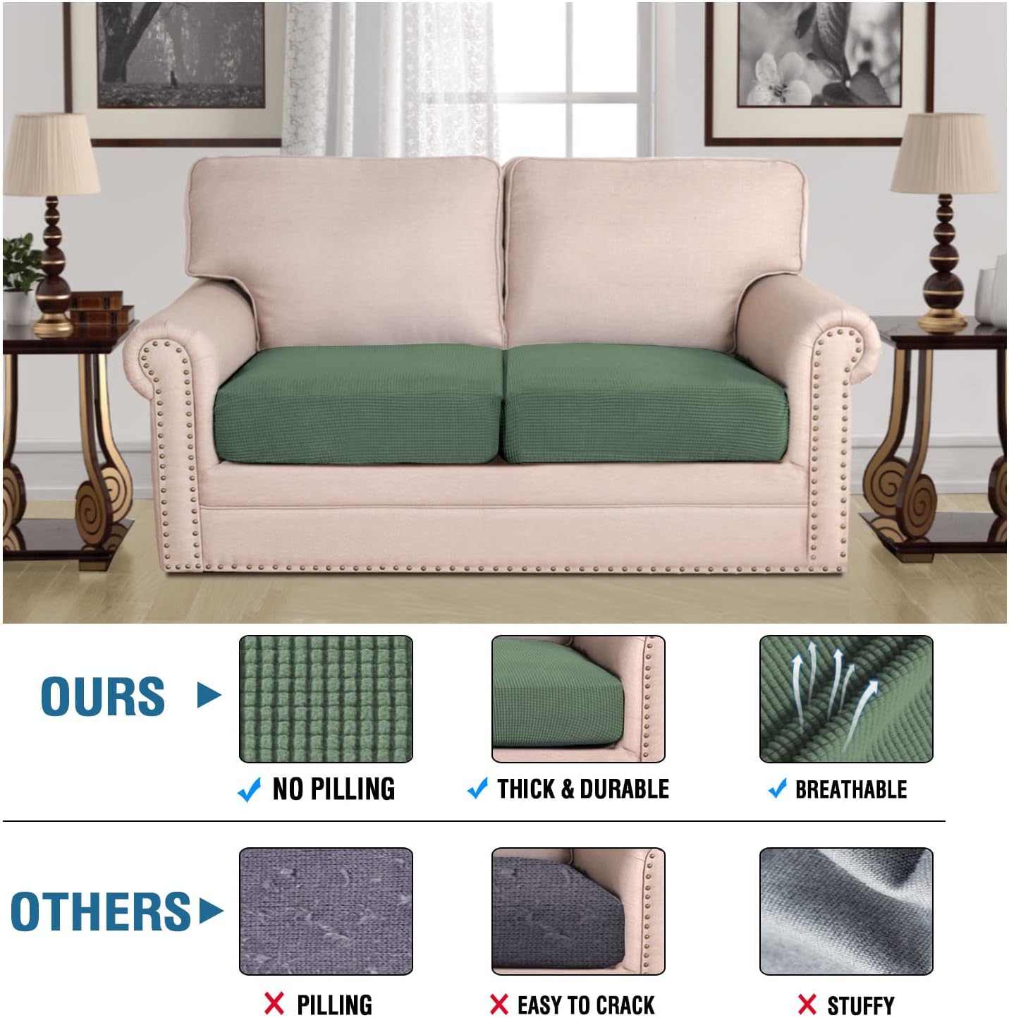 H.VERSAILTEX Super Stretch Individual Seat Cushion Covers Sofa Covers Couch Cushion Covers Slipcover Sets Thick Jacquard Textured Twill Fabric (2 Piece Medium Sofa Cushion Covers, Loden Frost)