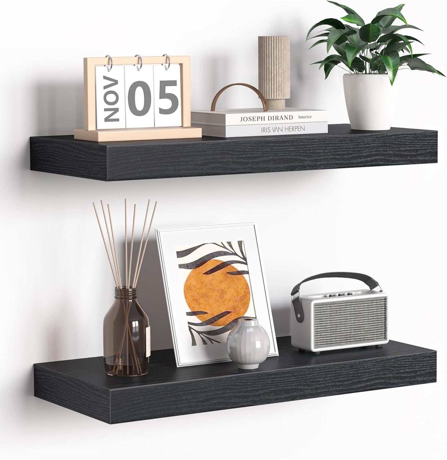 Fun Memories Floating Shelves - 16 Inch Rustic Black Wall Shelf - Wall Mounted Shelves for Wall Decor Storage - Wooden Shelves with Invisible Brackets for Living Room, Bedroom, Kitchen, 2 Pack