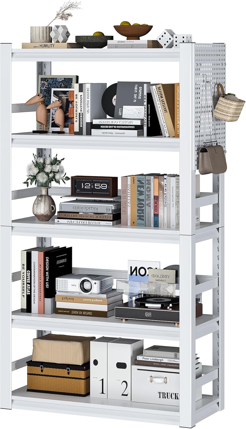 Book Shelf, 5 Tier Bookshelf, Industrial Bookcase Modern Bookshelves for Book/CD/Movie, Metal Shelving Unit for Living Room Home Office Kitchen, White