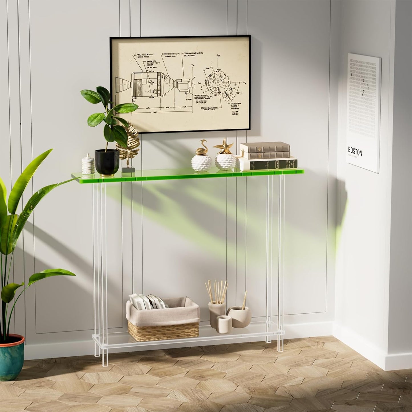 Sleek Modern 2-Tier Acrylic Console Table, 39.4" L x 7.6" W x 31.5" H - Entryway Table for Hallway, Living Room, Sofa Side, Small Spaces (Green)