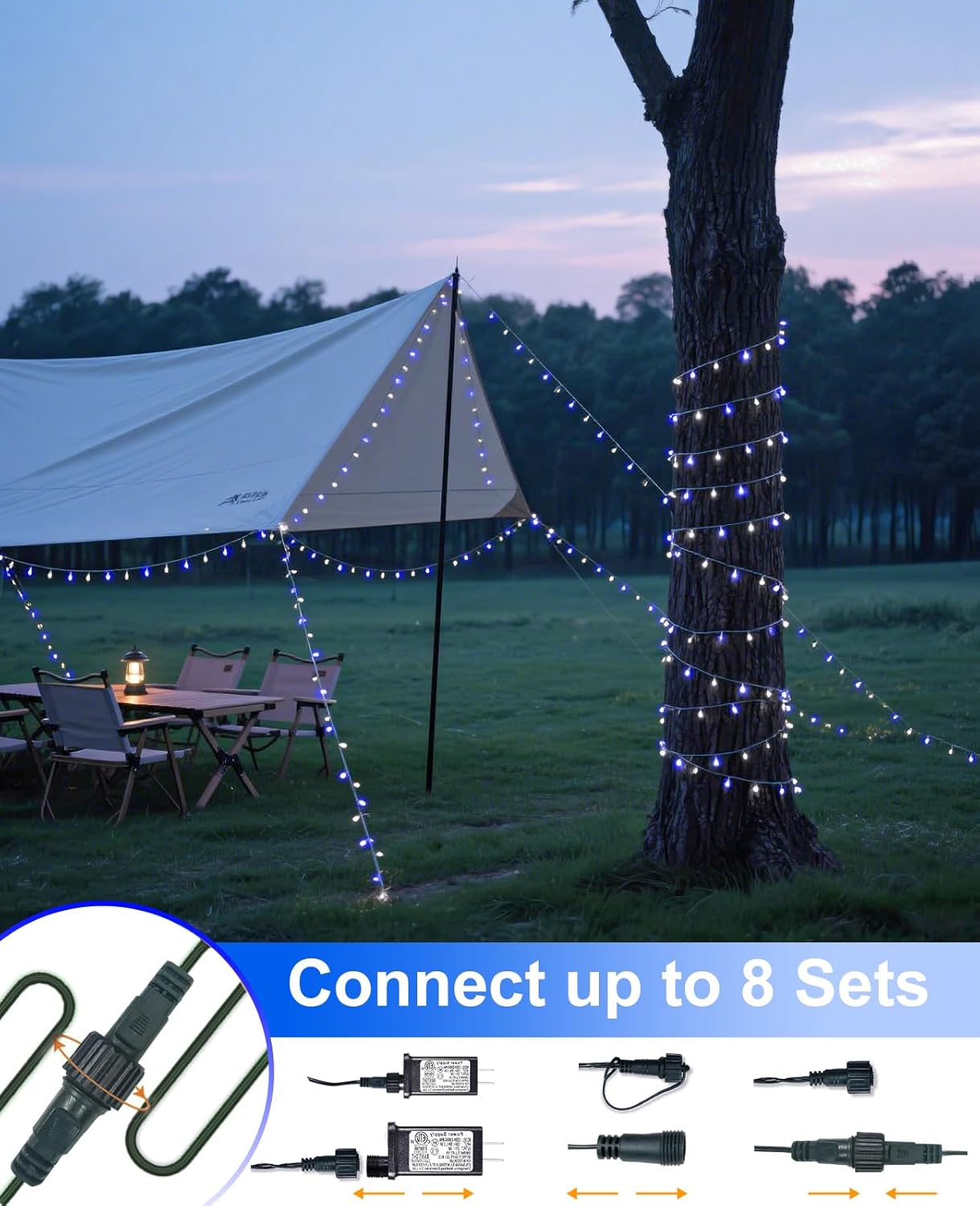 Christmas Lights Outdoor 40FT 120 LED, Green Wire Christmas Tree Lights Waterproof, 8 Modes & Timer, Connectable String Light for Indoor Garden Yard Party Wedding Decorations, Blue White