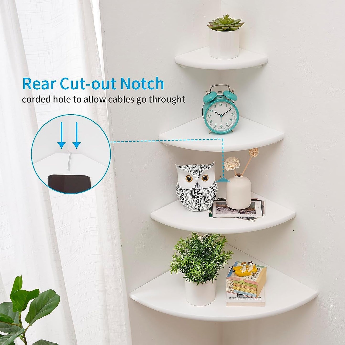 Corner Shelves, White Floating Corner Shelf, Set of 2 12inch Solid Oak Wood Wall Shelves, Round End Wall Mount with Wire Hole for Small Plant for Bedroom Kitchen, Living Room