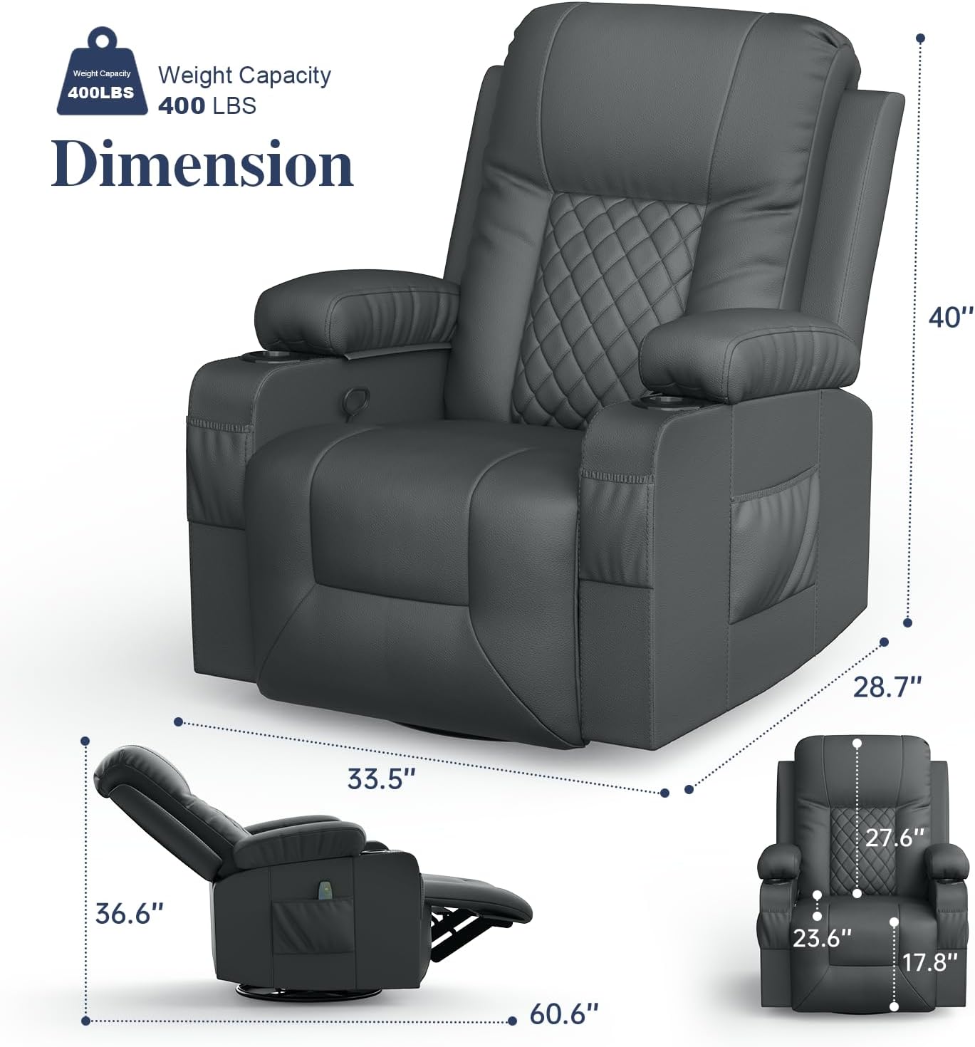 Recliner Chairs for Adults, Massage Rocker with Heated Modern Ergonomic Lounge 360 Degree Swivel Single Sofa Seat Living Room Lounge Recliners Gray