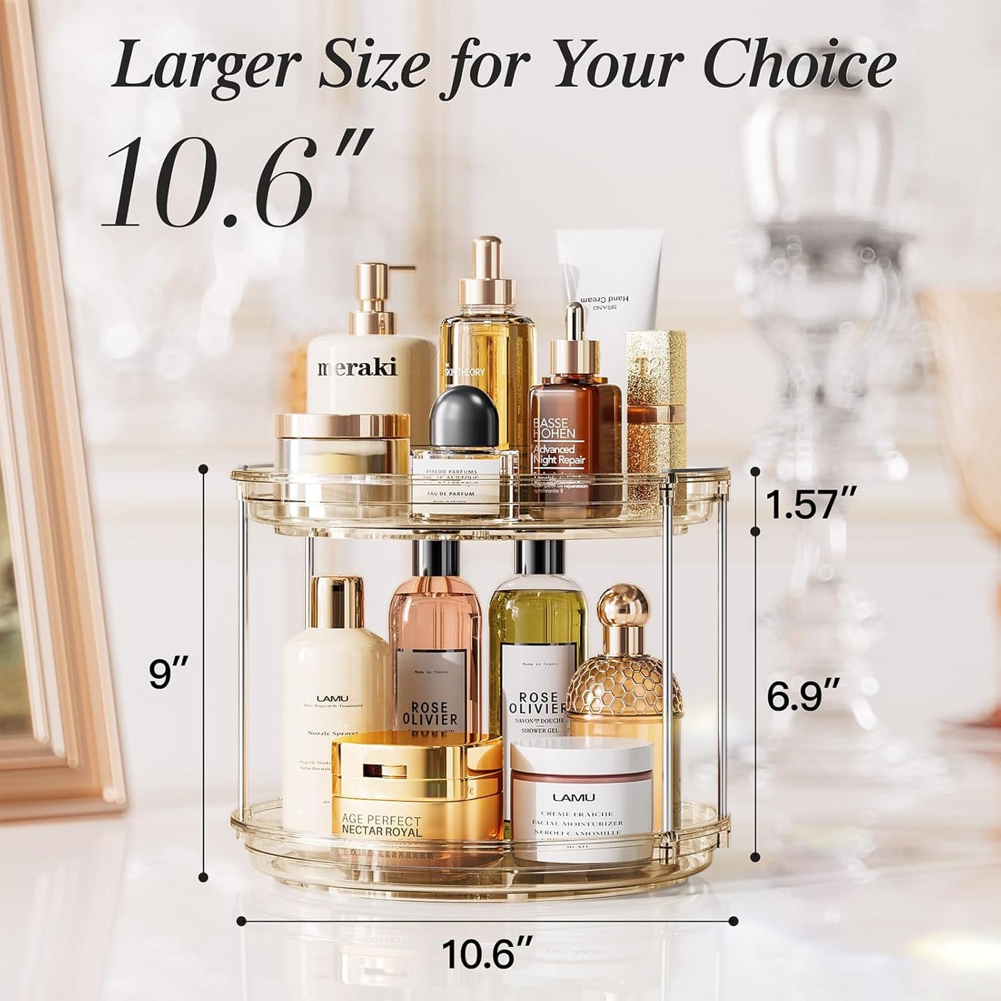 LAMU 2 Tier Lazy Susan Turntable Organizer 10.6'' Rotating Spice Rack Organization for Cabinet, Kitchen, Pantry, Countertop, Bathroom, Vanity, Medicine Cabinet Organizer, Amber