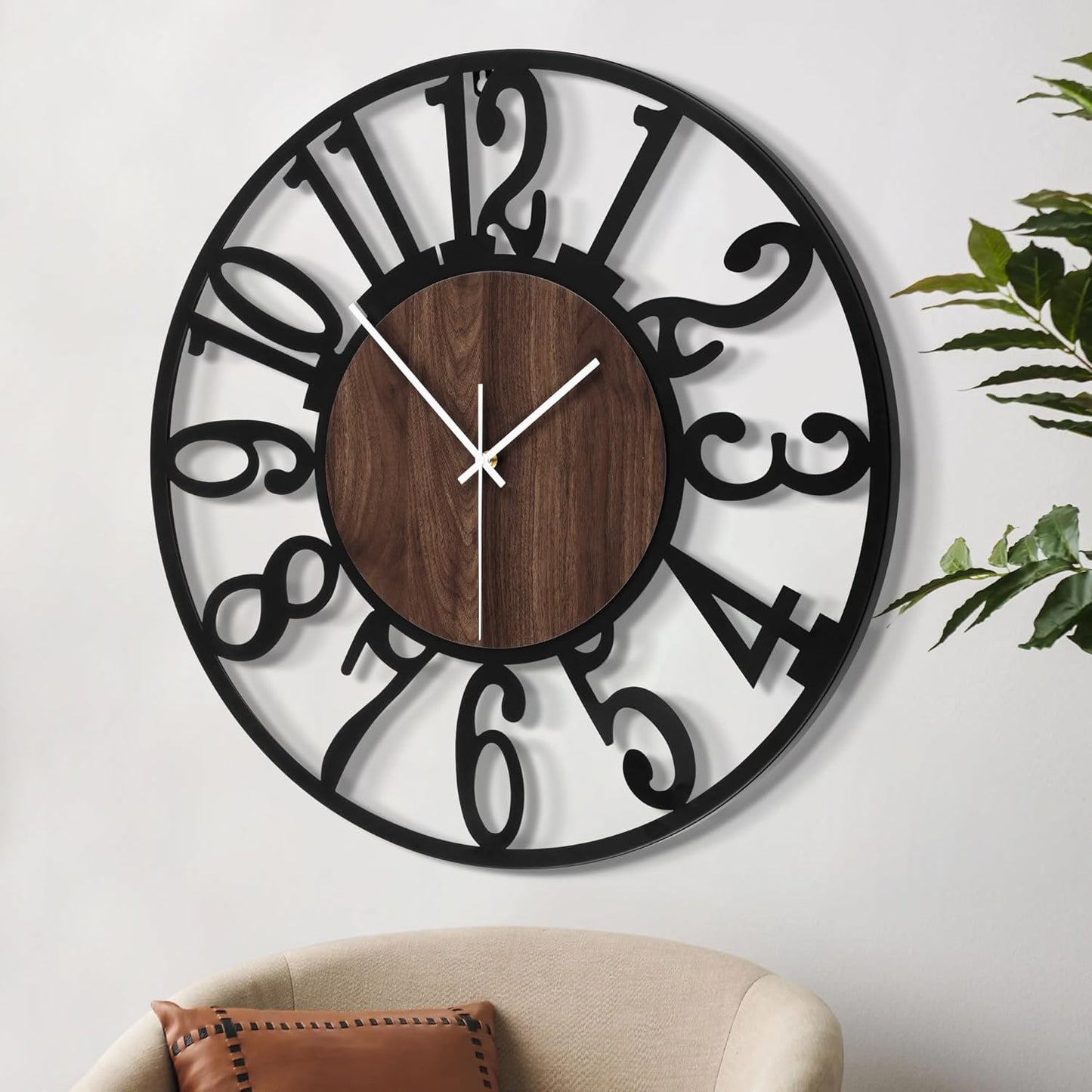 LEIKE 32" Oversized Large Wall Clocks,Silent,Non Ticking,Battery Operated Modern Round Big Wood Decorative Metal Wall Clock for Living Room, Bedroom,Kitchen,Farmhouse,Office Decor - Black,32 Inch