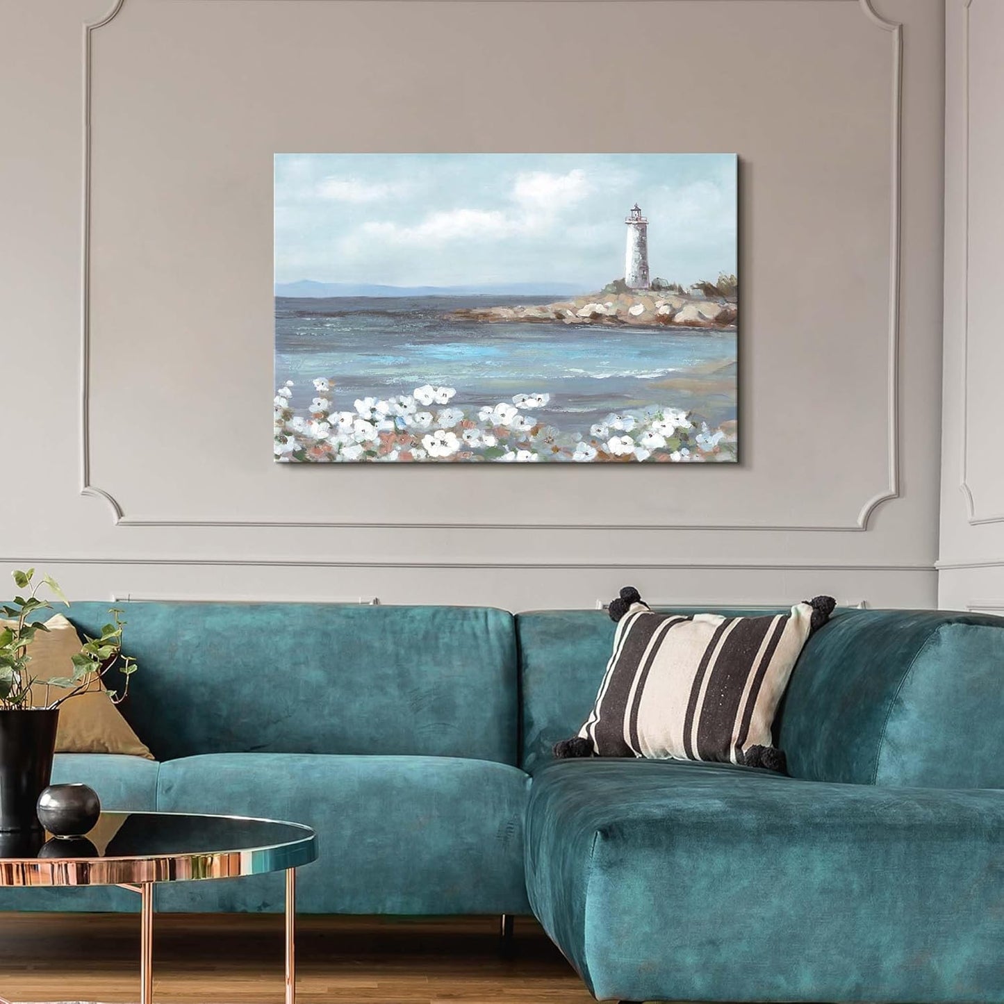 cozy country Lighthouse Wall Art 45"x30" - Coastal Pictures Beach Canvas Ocean Decor - Nautical Artwork Seascape Hand Painting for Living Room, Bedroom, Sea House