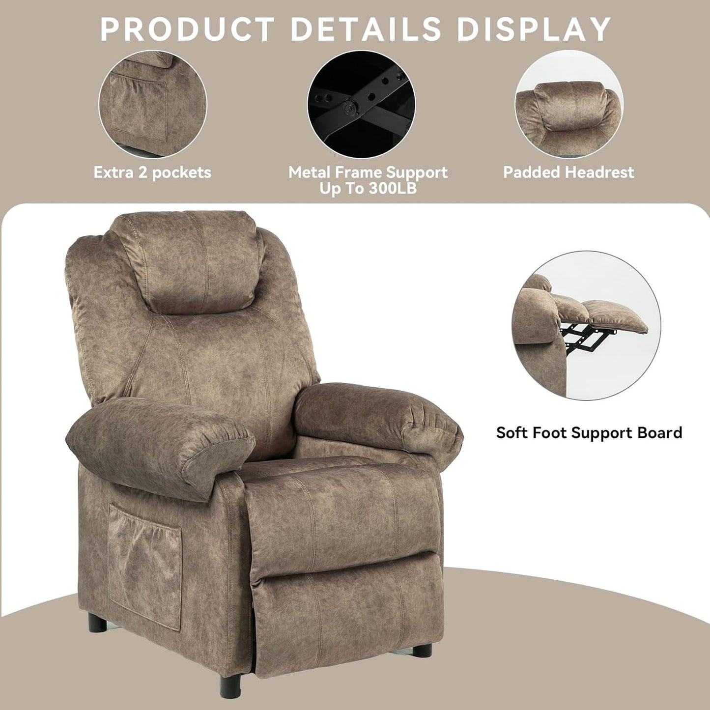 KCREAM Massage Recliner Chair with Heat,Overstuffed Fabric Recliner Chairs with Heating,Small Recliner for Living Room Bedroom, Manual Reclining Single Sofa Recliners Lounge Chair for Adult,Brown
