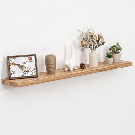Fun Memories Wood Floating Shelves for Wall, 48 Inch Floating Shelves Wall Mounted, Rustic Elm Wood Shelf for Home Decor, Heavy-Duty Storage Shelves for Living Room, Bathroom, Kitchen, Natural Finish