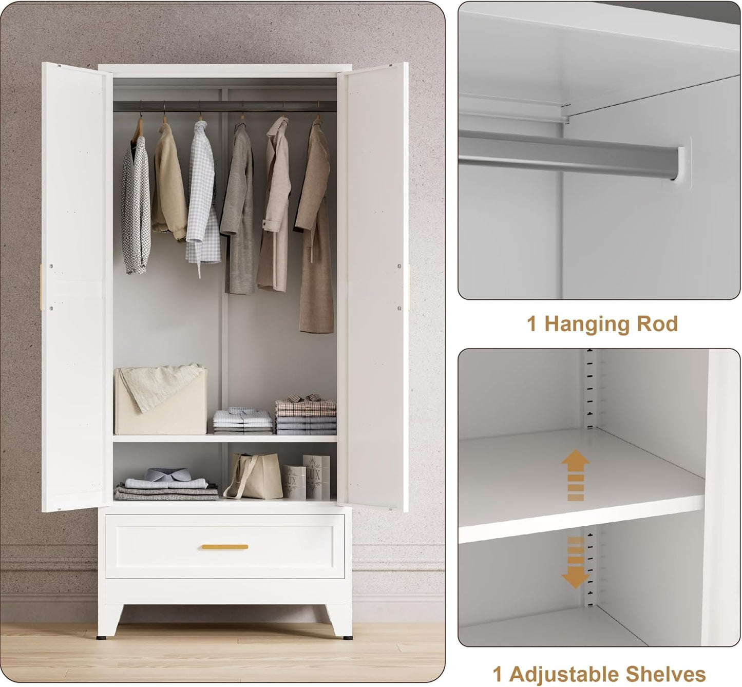 71'' Farmhouse Metal Wardrobe Cabinet with Hanging Rod, 2 Barn Door Wardrobe Closet with Adjustable Shelves,Drawer,for Dining Room,Bedroom,Living Room, Cloak Room,Office (White)