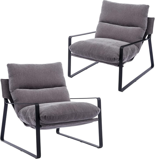 DUOMAY Modern Accent Arm Chair Set of 2, Comfy Linen Lounge Lazy Chair with Metal Leg, Mid-Century Corner Chair for Living Room Bedroom Office Apartment, Grey