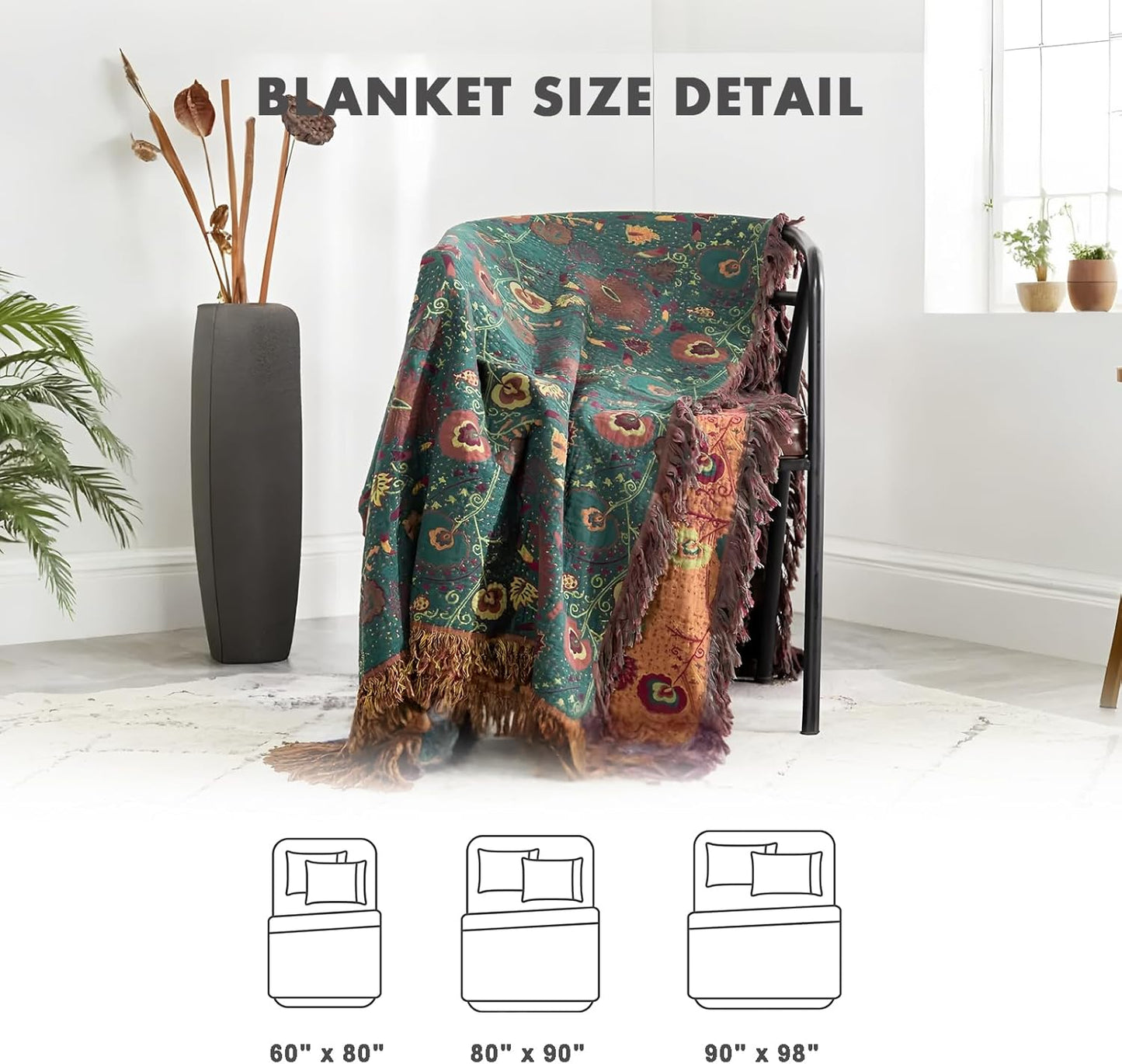 MSGKV Cotton Bed Blanket for Couch and Sofa Blankets for Living Room Bedroom Reversable Florals Throw 80"x90" Breathable Cozy Boho Blankets
