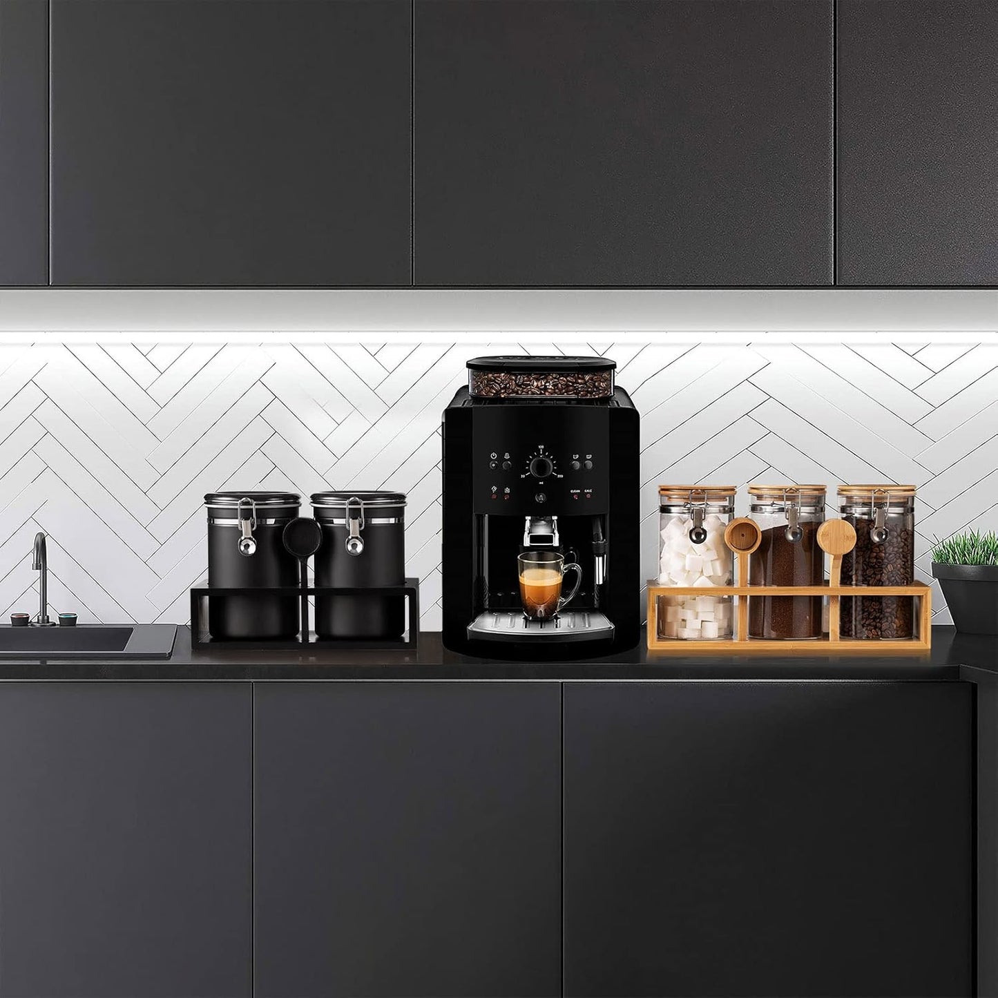 Yangbaga Ground Coffee Storage Container with Shelf, 2×63OZ 304 Stainless Steel Coffee and Sugar Container,Airtight Coffee Canisters with Scoop, Food Storage Jars for Kitchen,Nuts,Tea,Sugar