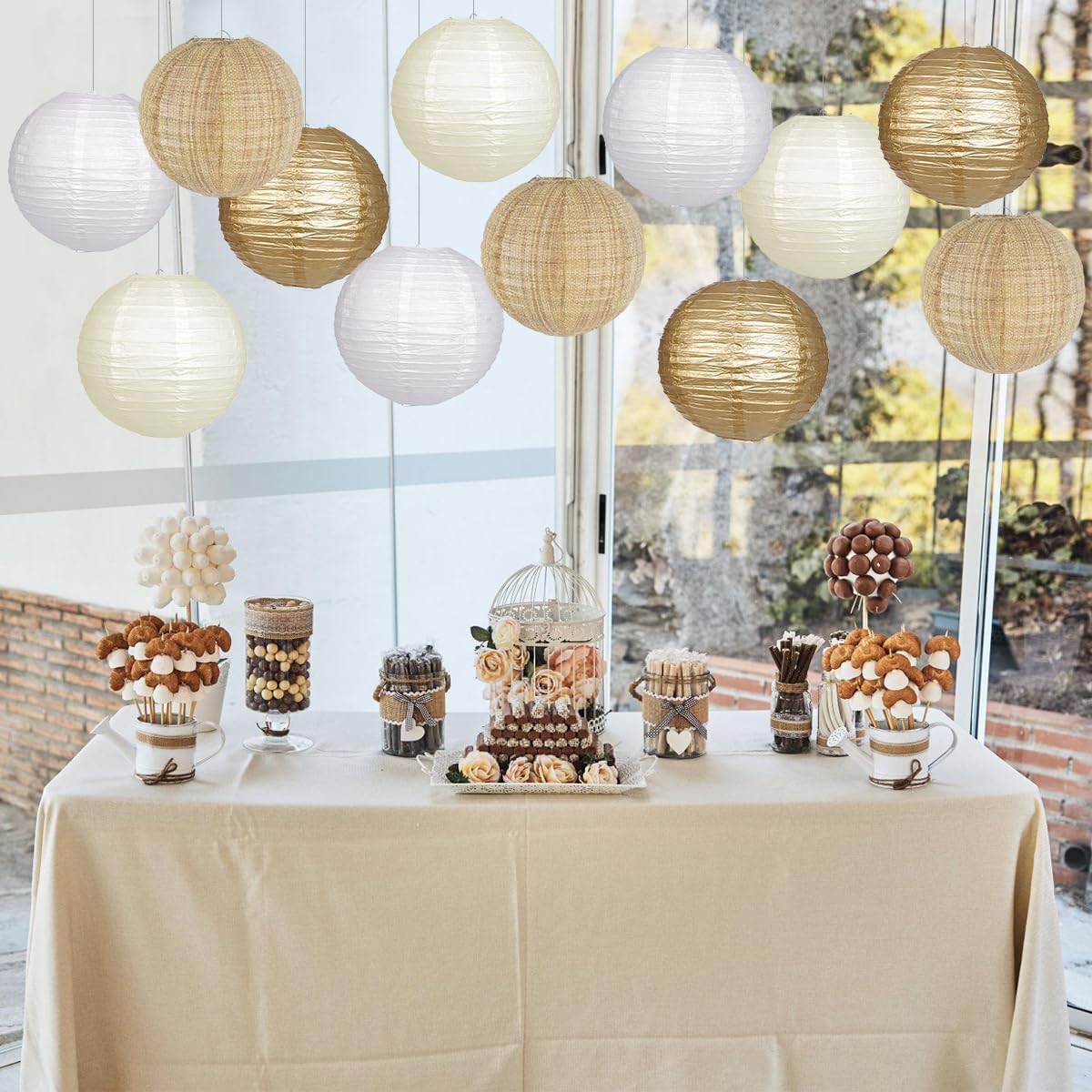 Paper Lanterns Gold White Round Hanging Chinese Lanterns for Wedding Birthday Party Boho Baby Shower Decorations Pack of 12