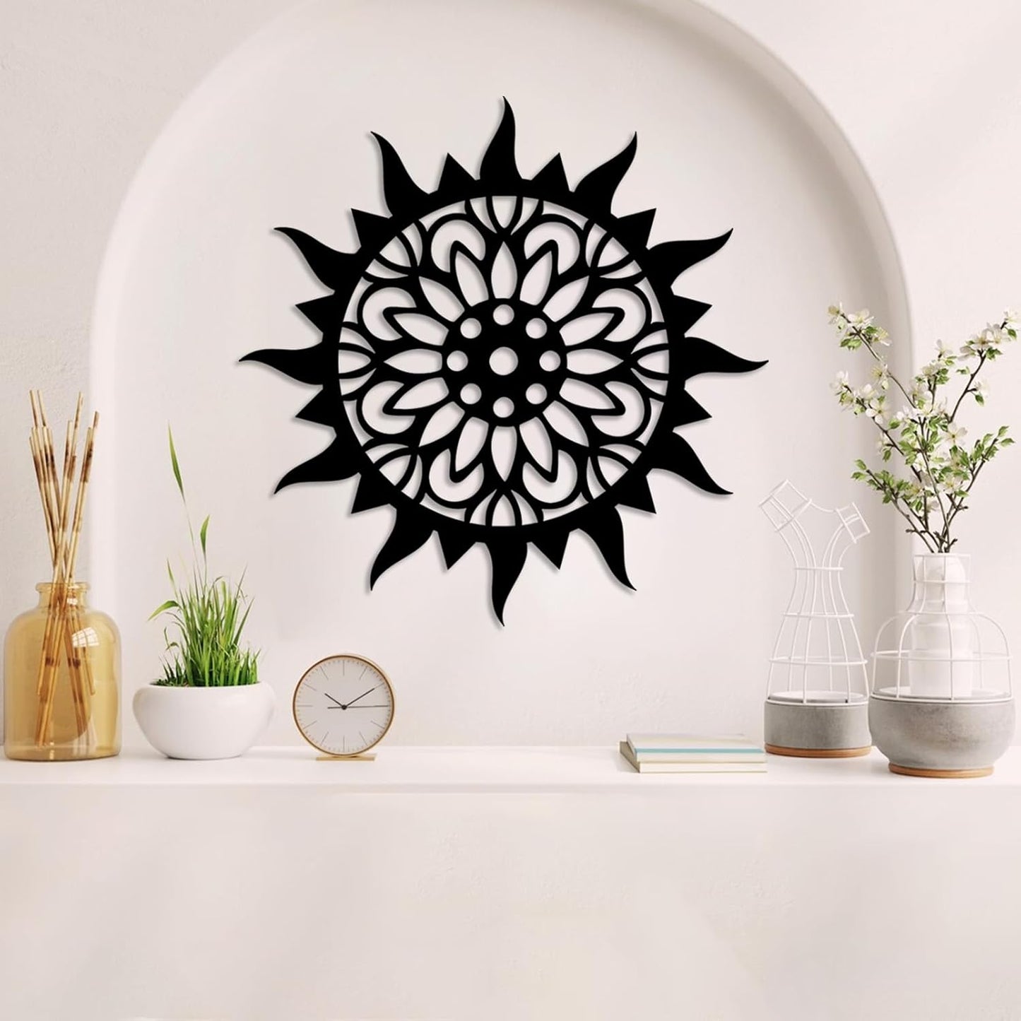 Sunburst Metal Wall Decor, Unique Sun Flower Design, Outdoor & Indoor Wall Art for Living Room, Bedroom, or Patio, Home Decor (White, 28"x28"|70x70cm)