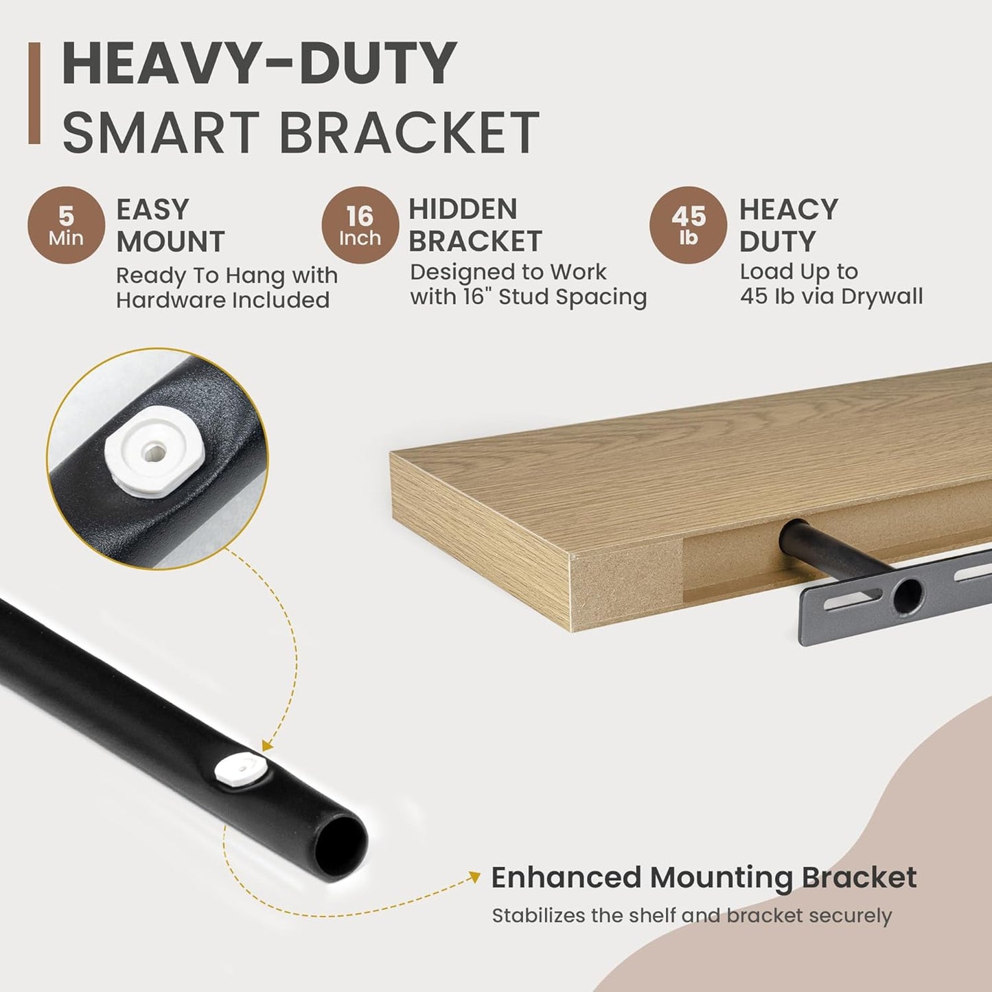 48 Inch Floating Shelves, 8 Inch Deep Floating Shelves for Wall, Hanging Shelf with Invisible Brackets, Deep Shelves for Bathroom, Bedroom, Living Room, Oak, Set of 1