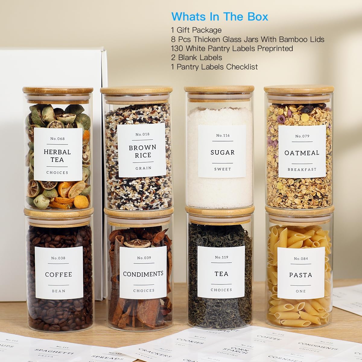 8 Pack Glass Jar with Airtight Bamboo Lid and White 132 Kichen Pantry Labels Preprinted - 21 Oz Clear Round Glass Food Storage Containers set For Tea Coffee Sugar Spice