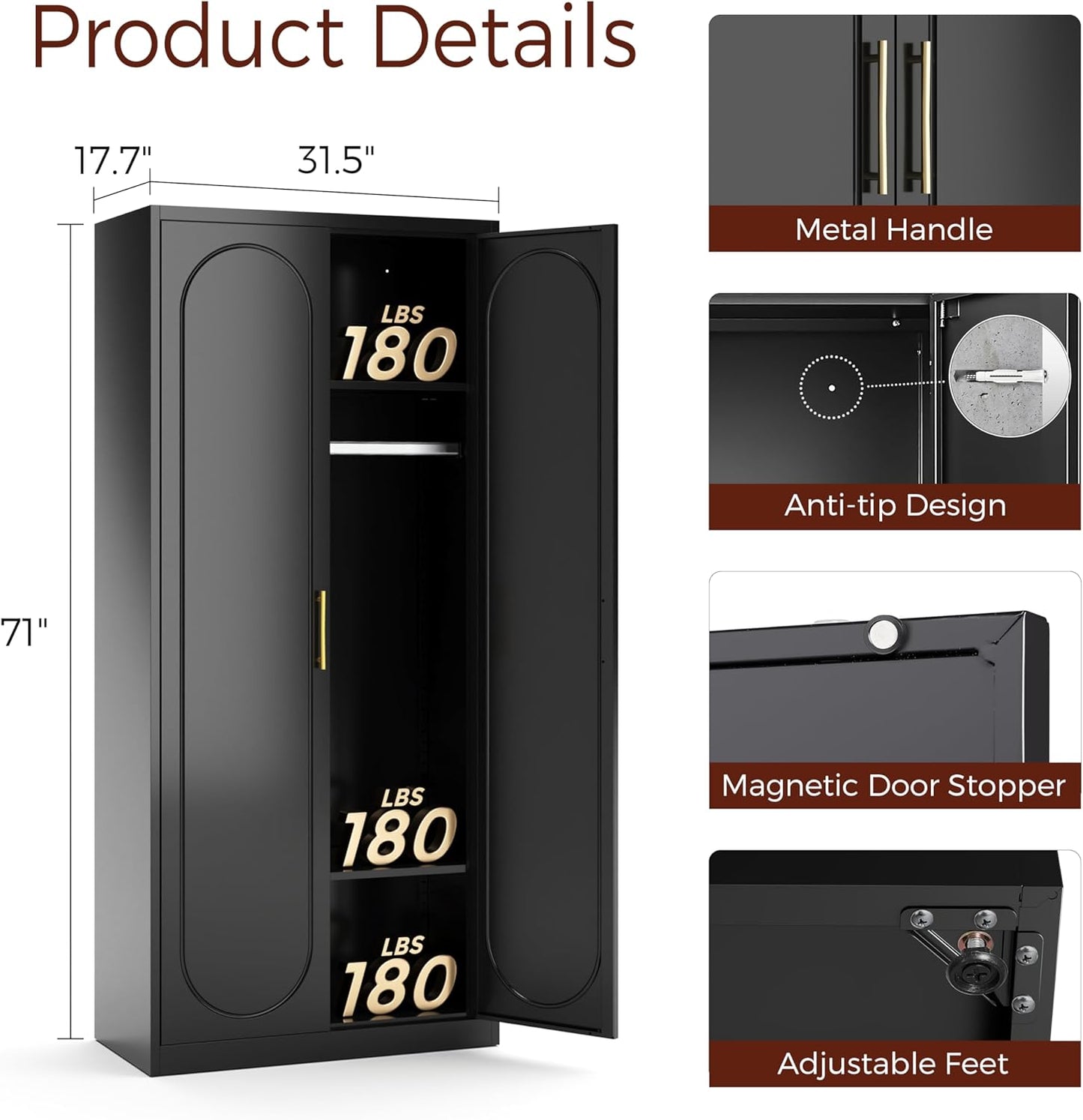 Metal Armoire Wardrobe Closet with 2 Doors, 71" Black Wardrobe Cabinet with Hanging Rod and Adjustable Shelves, Tall Clothing Storage Cabinets for Bedroom, Laundry Room, Home Office