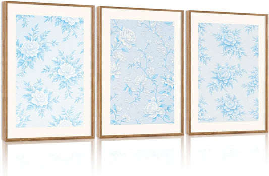 HPNIUB Large Classic Chinoiserie Floral Framed Canvas Wall Art Set, Watercolor Blue and White Flower Rose Wall Decor, Blue Minimalist Wildflower Art Print for Living Room,Bedroom,Office-16 x24 x3