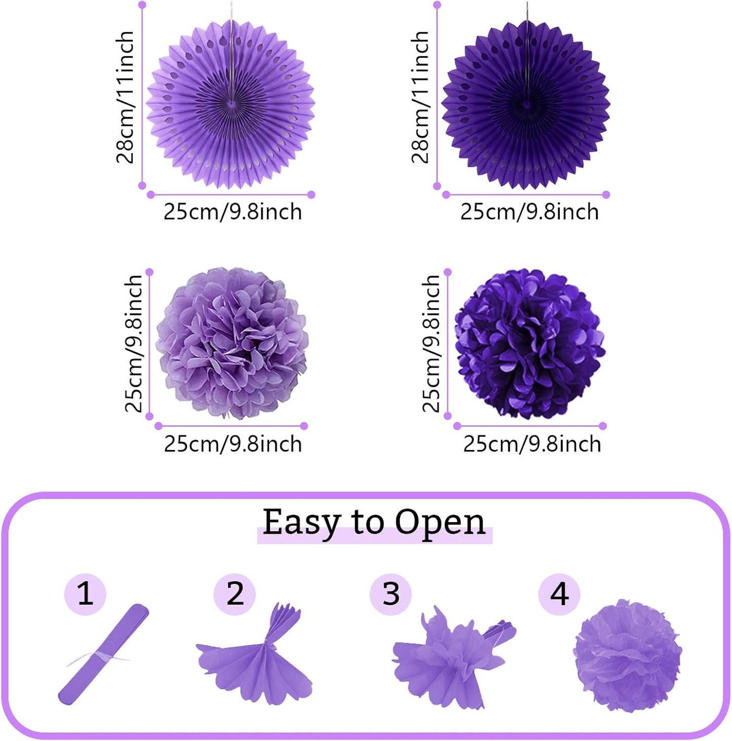 Party Decorations, Purple Papar Fans Pompoms Garlands for Women Girls Mothers Day Bachelorette Wedding Birthday Baby Showers Valentine's Day Party Decorations