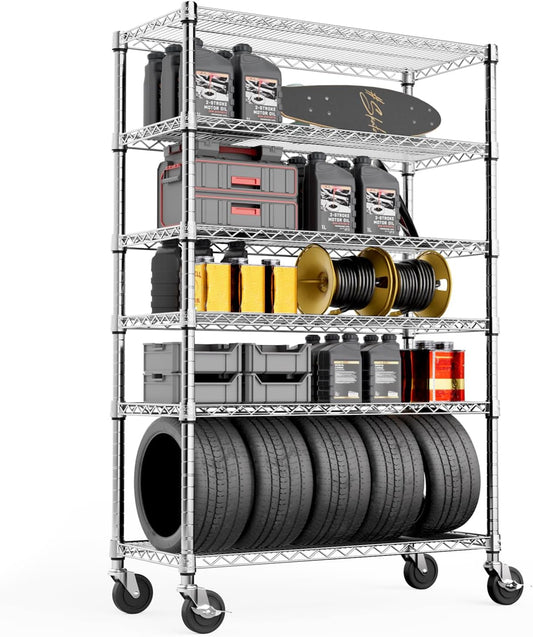 Steel Storage Shelving 6-Tier Utility Shelving Unit with Wheels, Steel Organizer Wire Rack for Home,Kitchen,Office,Garage,17.7" D x 47.2" W x 76.7" H