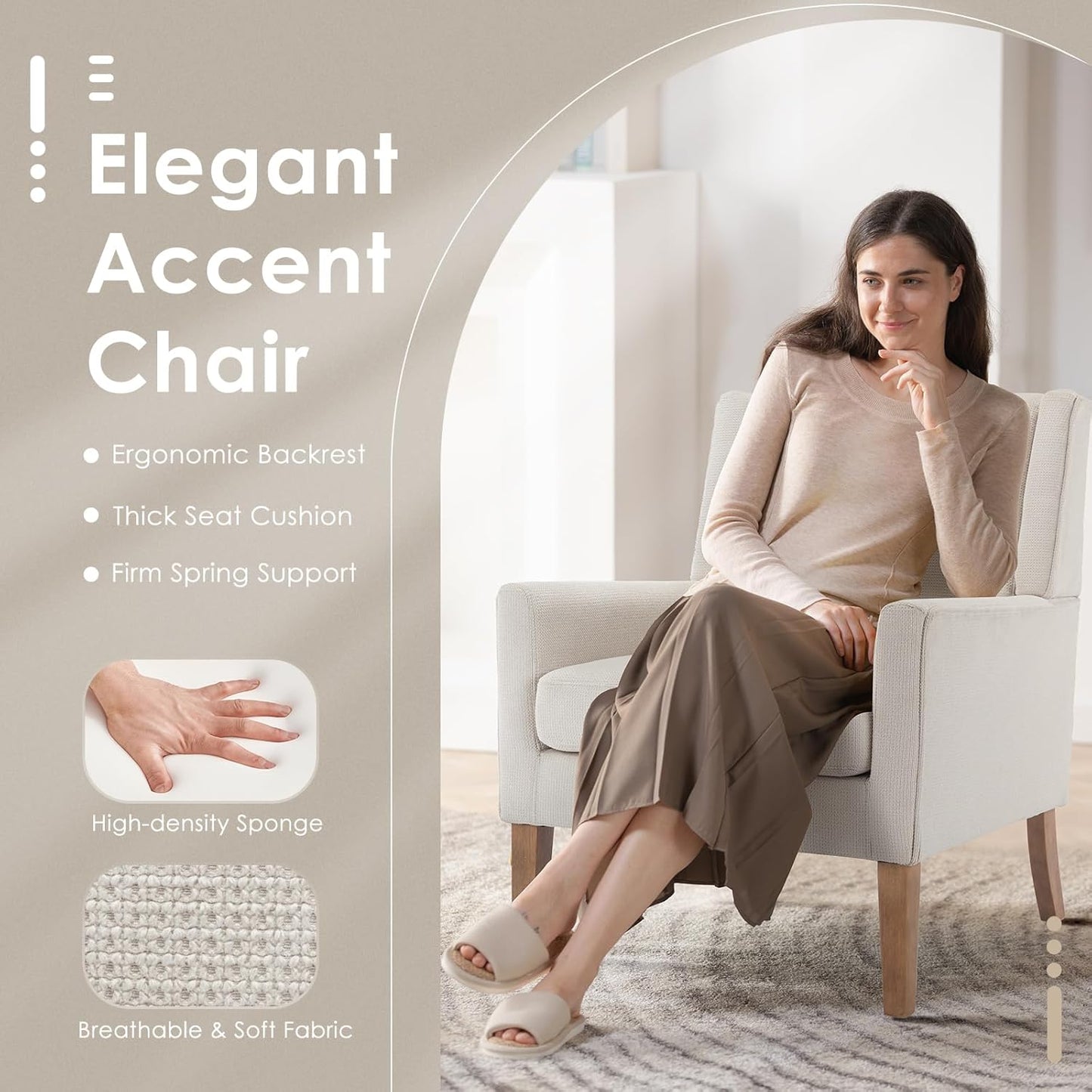 COLAMY Modern Wingback Living Room Chair, Upholstered Fabric Accent Armchair, Single Sofa Chair with Lounge Seat and Wood Legs for Office/Bedroom/Reading Spaces, Beige